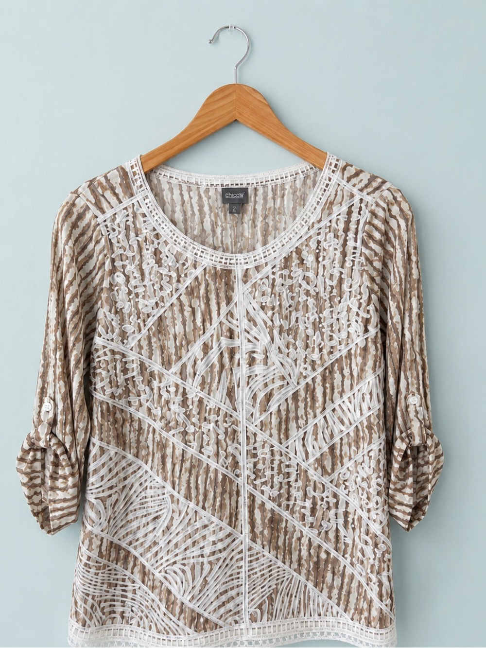 Chico's Cream and Beige Patterned Blouse Large Chicos Size 2